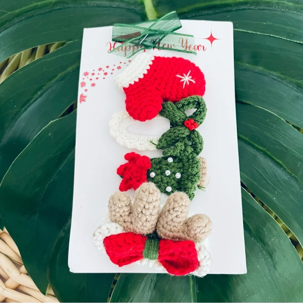 Artisan handcrafted holiday Christmas crochet hair clips Tree, mitten, bows New